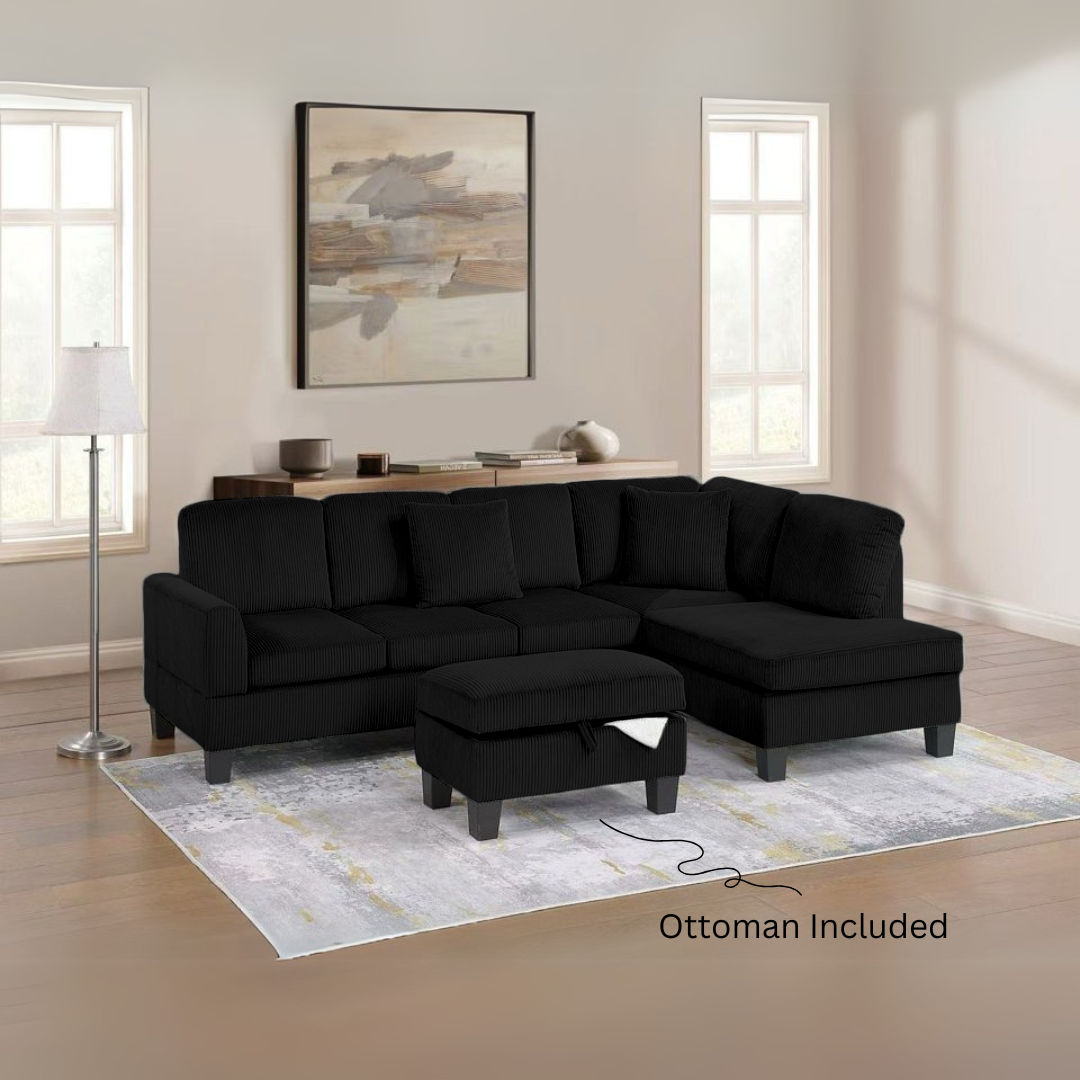 Kennedy Sectional, Grey or Black, Ottoman Included