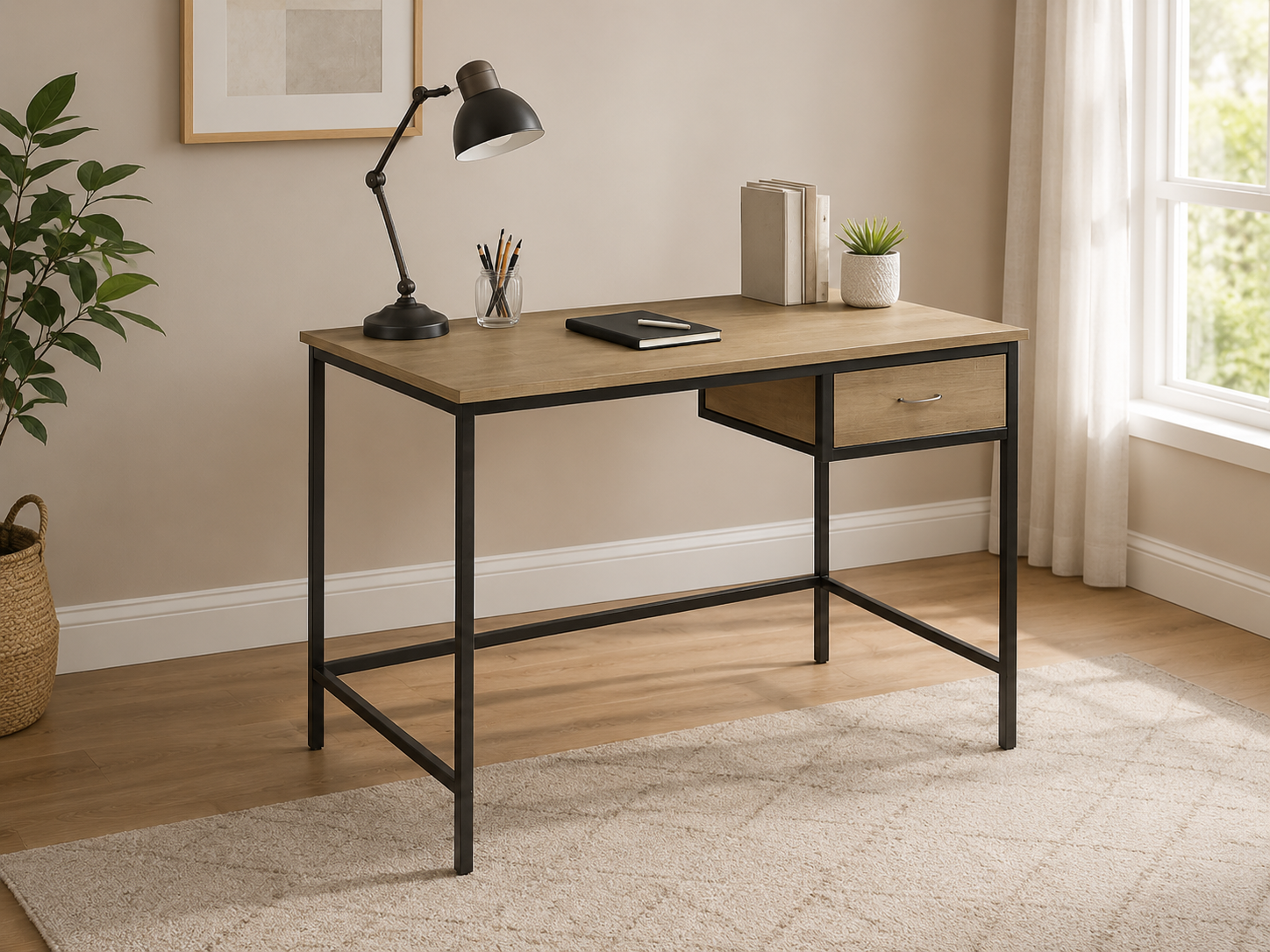 Light wood office desk with a black metal frame, single drawer, and slim open base in a modern home office.