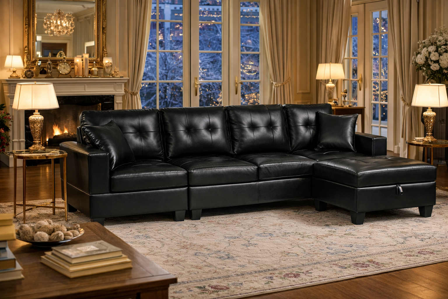 Queens Black PU Leather Sectional Sofa Tufted L-Shape Couch with Storage Chaise - Side View