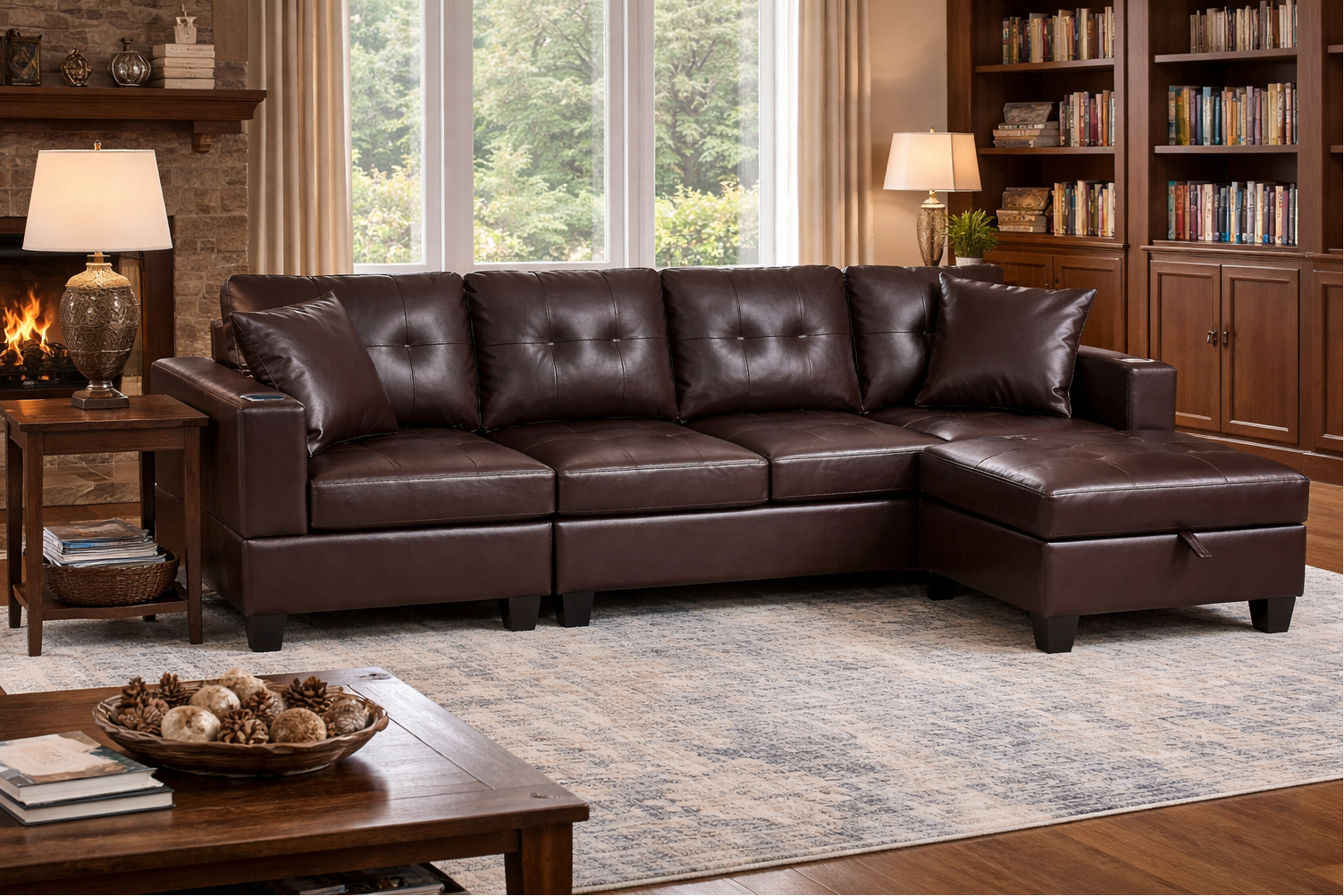 Queens Brown PU Leather Sectional Sofa – Tufted L-Shape Couch with Storage Chaise - Angle View