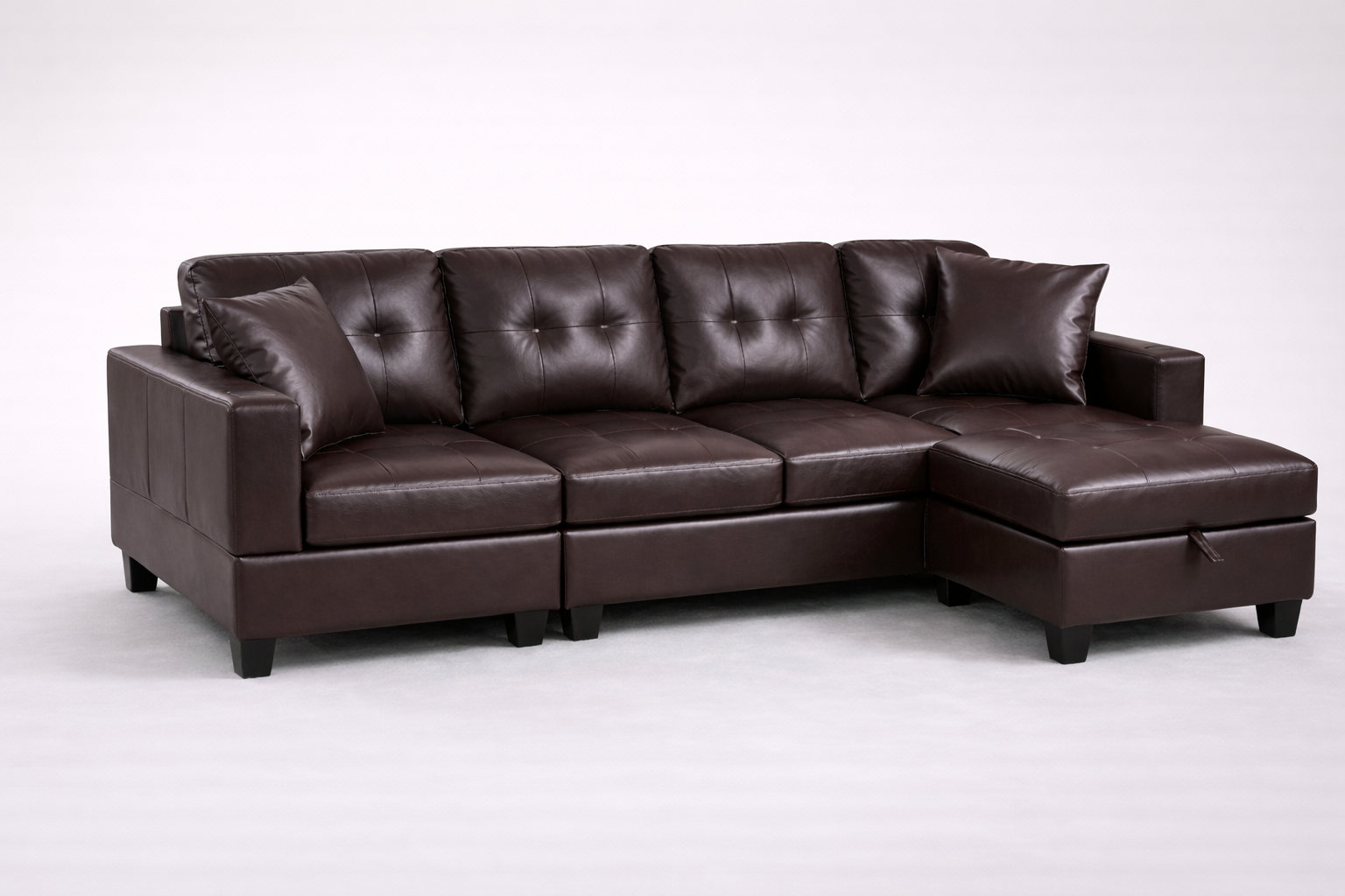 Queens Brown PU Leather Sectional Sofa – Tufted L-Shape Couch with Storage Chaise - Side View