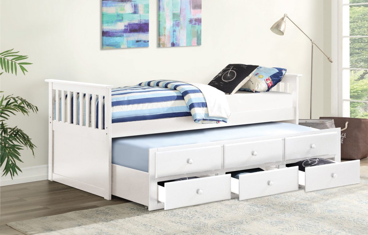 White wood Mainmast Captain's Daybed with blue striped bedding and six open storage drawers underneath