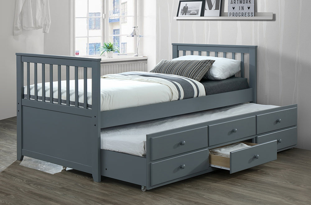 Grey wood Mainmast Captain's Daybed showing upper bed with striped bedding and pull-out trundle bed with storage drawers open
