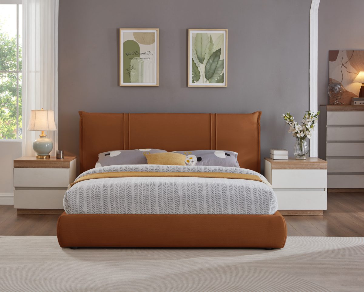 Cornwallis platform bed in auburn with bedding, flanked by white and wood nightstands against a gray wall
