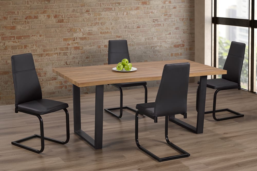 T3350/210 - 5pc Dining Set with Table & 4 Black or Grey Chairs, 71″W, Distressed Oak Veneer Tabletop