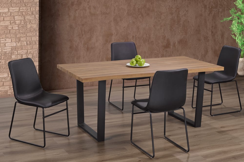 T3350/211 - 5pc Dining Set with Table & 4 Cognac or Black or Grey Chairs, 71"W, Distressed Oak Veneer Tabletop