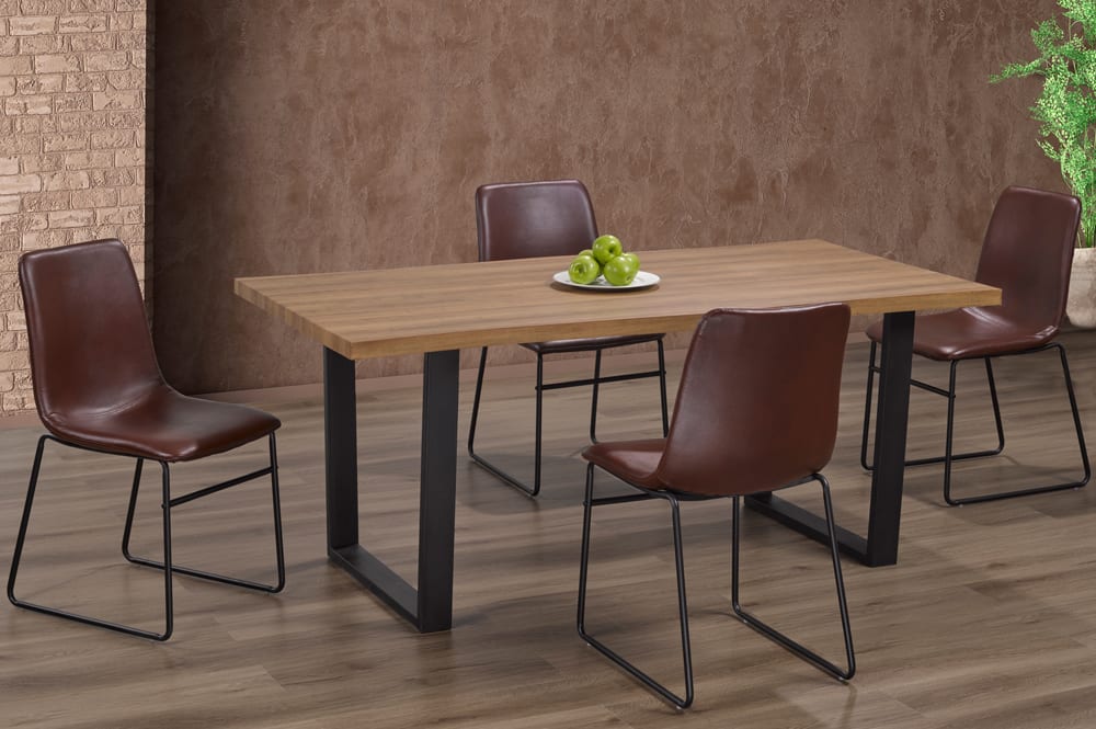 T3350/211 - 5pc Dining Set with Table & 4 Cognac or Black or Grey Chairs, 71"W, Distressed Oak Veneer Tabletop