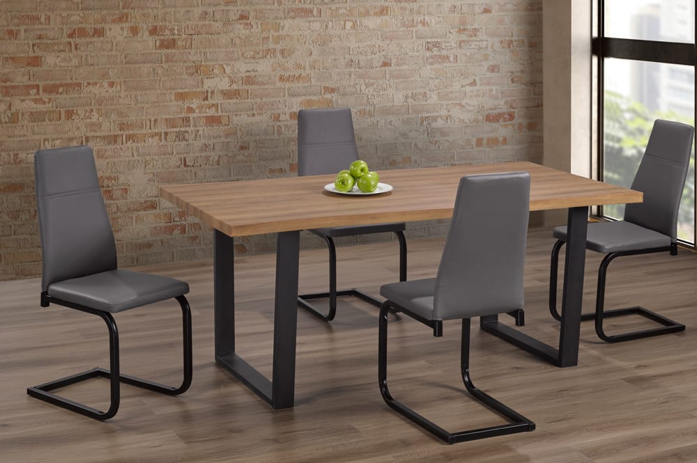 T3350/210 - 5pc Dining Set with Table & 4 Black or Grey Chairs, 71″W, Distressed Oak Veneer Tabletop
