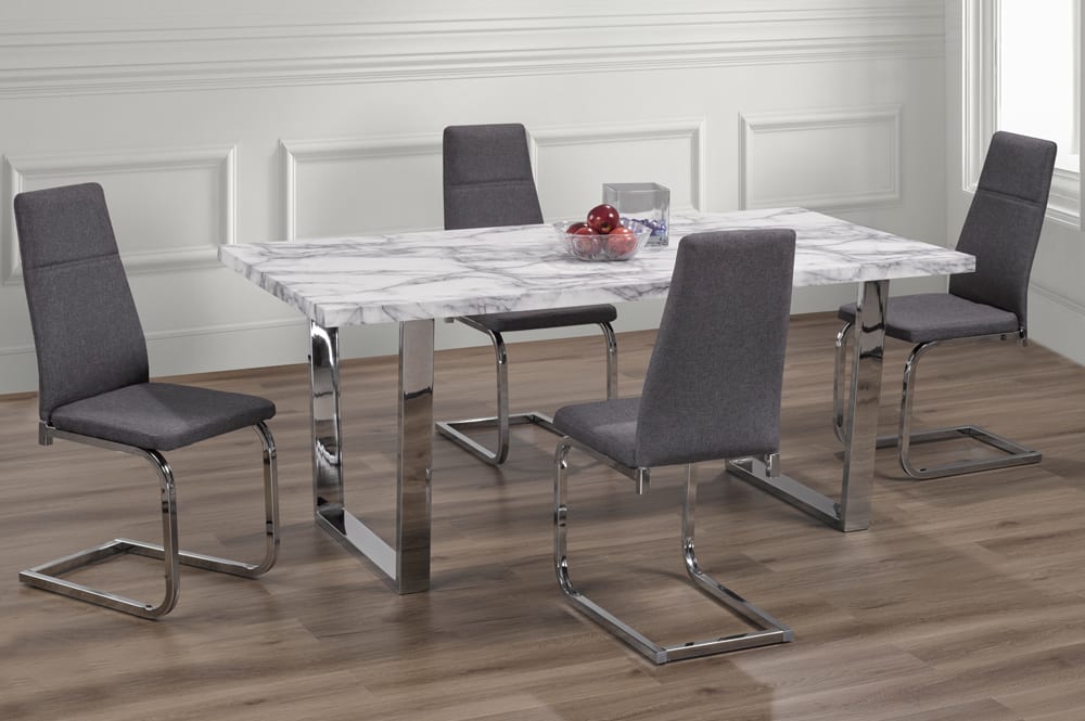 T3355/210 - 5pc Dining Set with Table & 4 White or Grey Chairs, 71″W, Marble Veneer