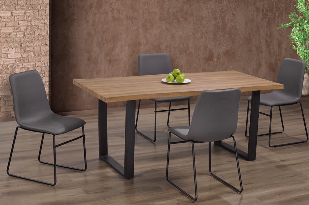 T3350/211 - 5pc Dining Set with Table & 4 Cognac or Black or Grey Chairs, 71"W, Distressed Oak Veneer Tabletop
