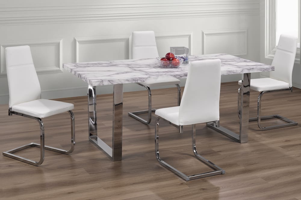 T3355/210 - 5pc Dining Set with Table & 4 White or Grey Chairs, 71″W, Marble Veneer