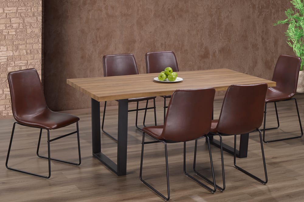 T3350/211 - 7pc Dining Set with Table & 6 Black or Cognac or Grey Chairs, 71″W, Distressed Oak Veneer Tabletop