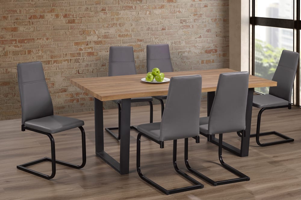 T3350/210 - 7pc Dining Set with Table & 6 Black or Grey Chairs, 71″W, Distressed Oak Veneer Tabletop