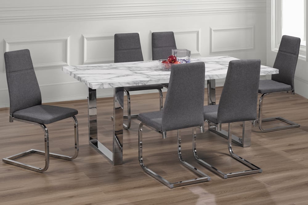 T3355/210 - 7pc Dining Set with Table & 6 Grey or White Chairs, 71″W, Marble Veneer
