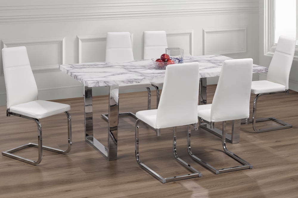 T3355/210 - 7pc Dining Set with Table & 6 Grey or White Chairs, 71″W, Marble Veneer