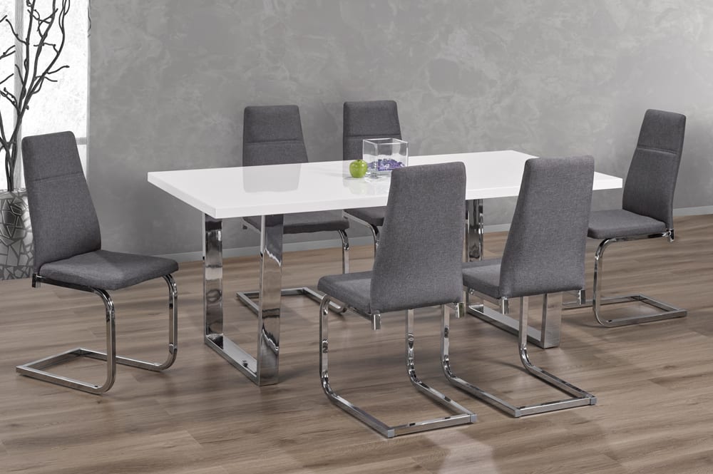 T3360/210 - 7pc Dining Set with Table & 6 Grey or White Chairs, 71″W, Marble Veneer