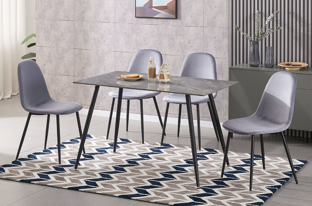 T3528/215 - 5pc Dining Set with Table & 4 Black or Blue or Grey Chairs, 48"W, Grey Marble Finish with Black Finish