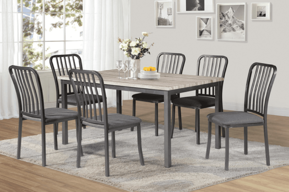 T3722 - 7pc Dining Set with Table & 6 Grey Chairs, 60″W, Light Grey Table Top