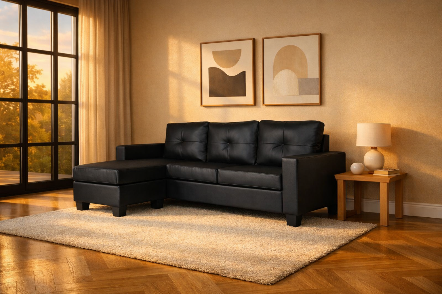 Anna Black PU Leather Sectional Sofa Reversible - Angle View