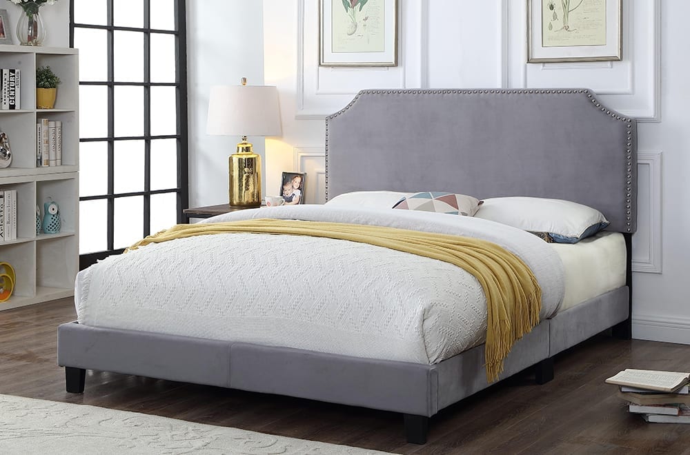 Arielle Light Grey Velvet Upholstered Bed - Angled view