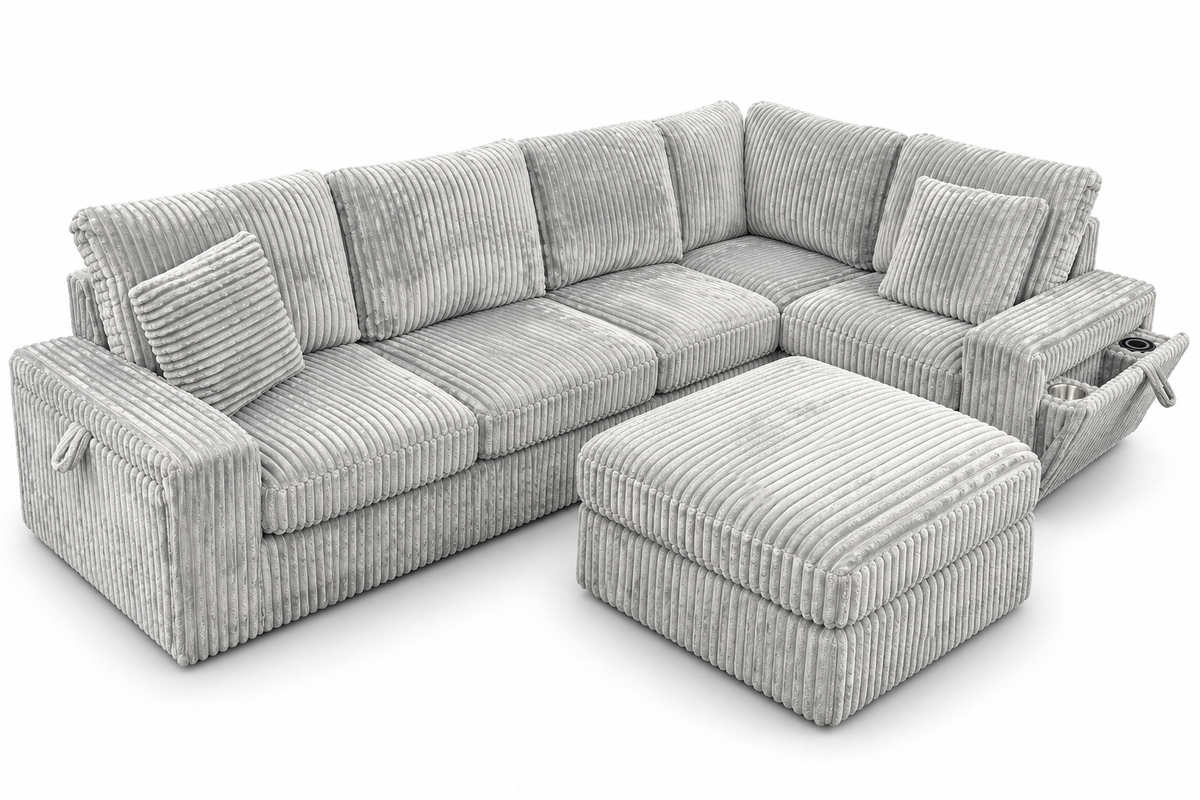 A light gray corduroy sectional sofa with matching throw pillows and a matching ottoman, shown on a plain white background.