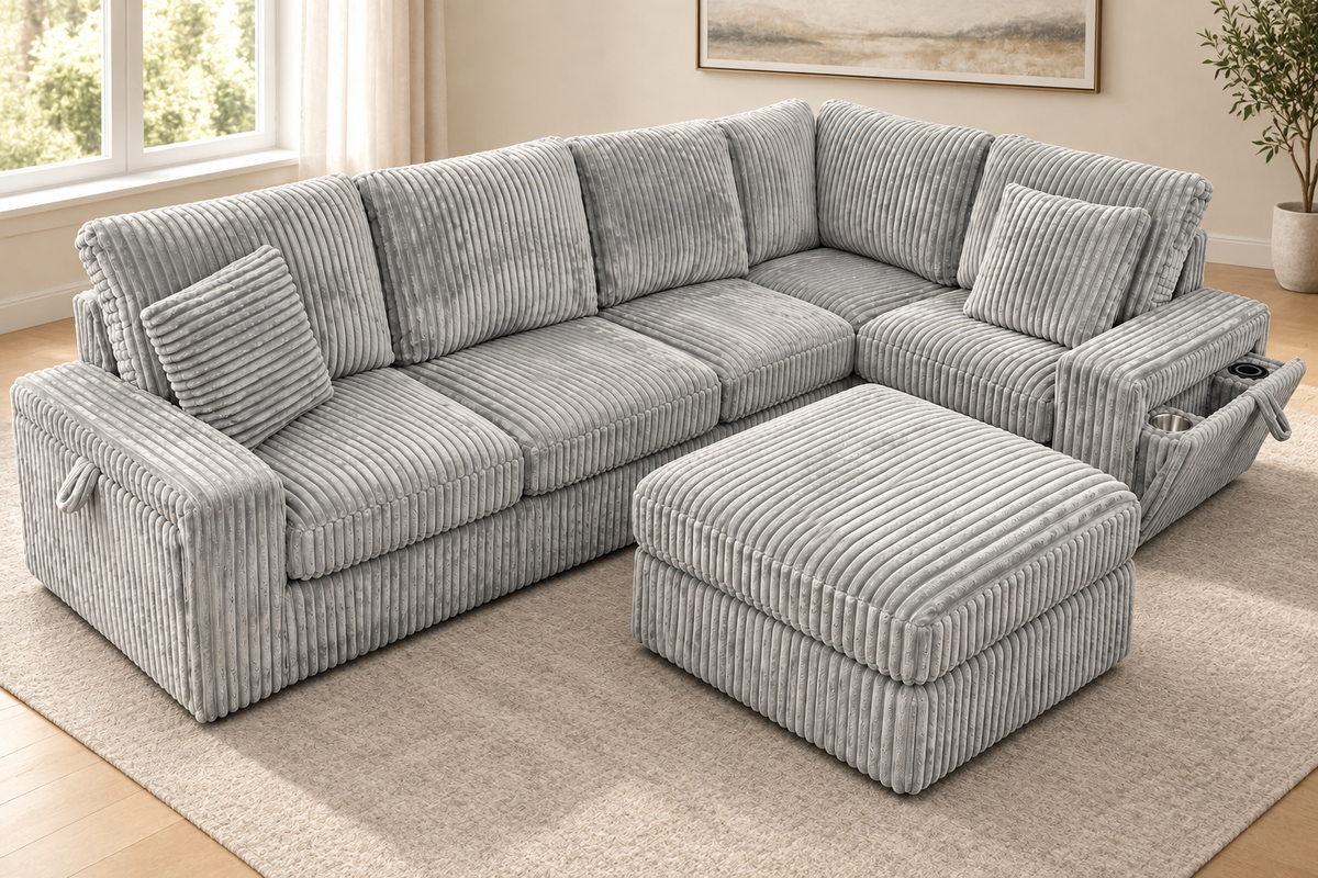 Aspan grey sectional sofa with matching ottoman, ribbed cushions and throw pillows in a bright room