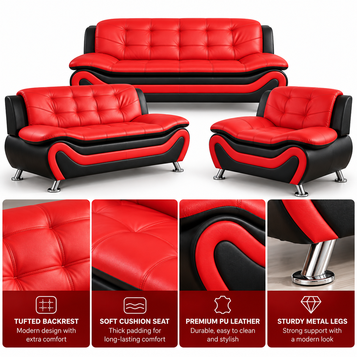 Red and black 3-piece sofa set shown from front with close-ups of tufted backrest, soft cushion seat, premium PU leather, and