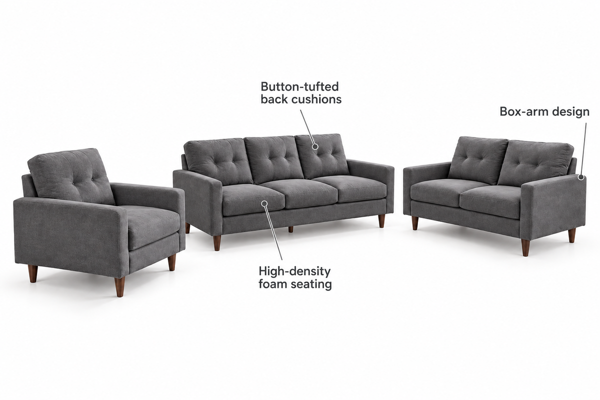 Bella dark grey 3-piece sofa set feature guide highlighting button-tufted back cushions, box arms and high-density foam seating.