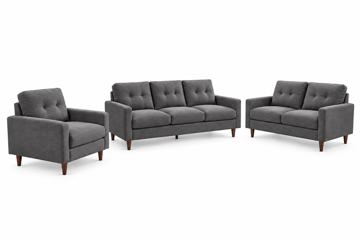 Bella dark grey 3-piece sofa set with matching sofa, loveseat and armchair on a white background.