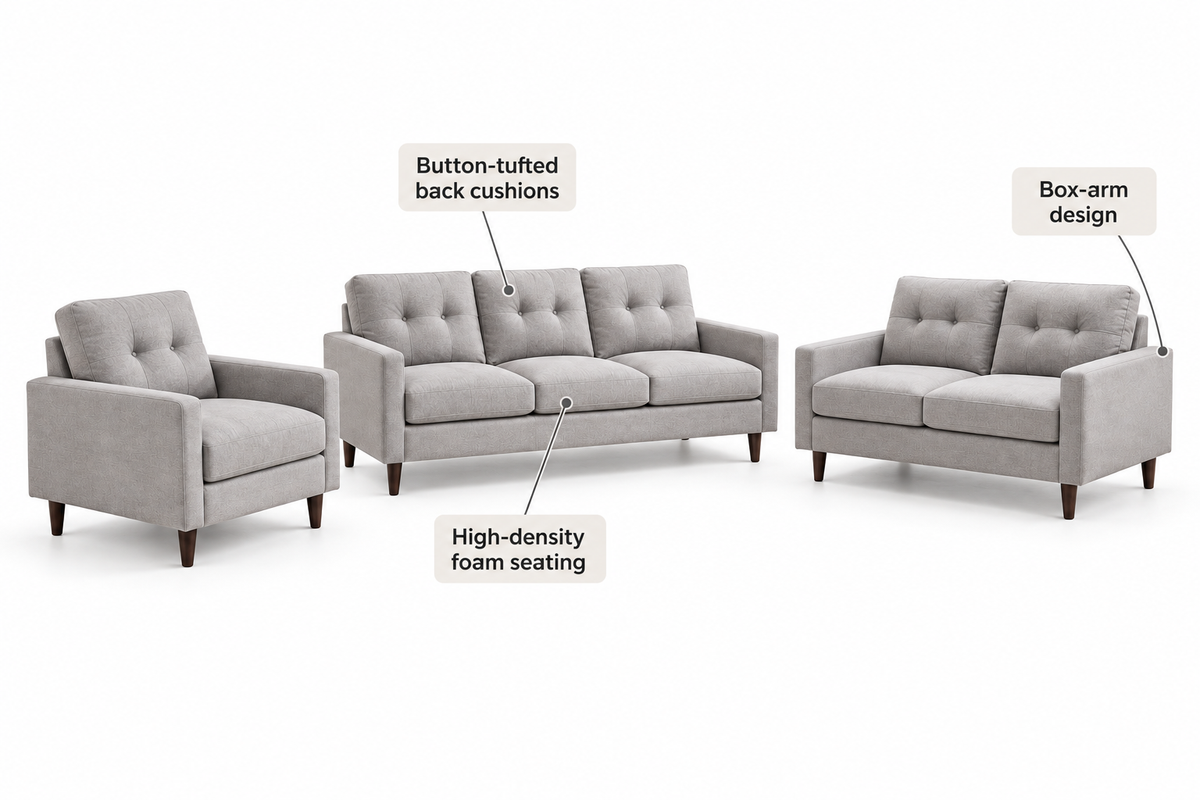 Bella light grey 3-piece sofa set feature guide highlighting button-tufted back cushions, box arms and high-density foam seating.