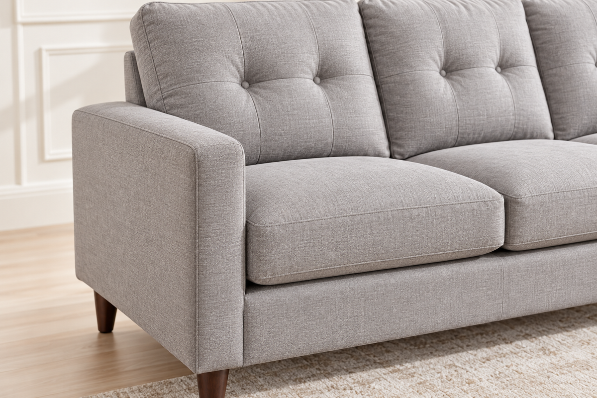 Close-up of the Bella light grey sofa showing fabric upholstery, button-tufted back cushions, box arm and wood leg.