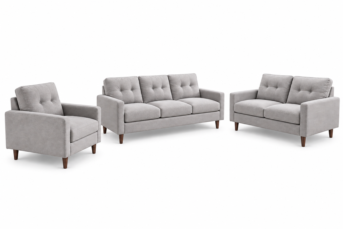 Bella light grey 3-piece sofa set with matching sofa, loveseat and armchair on a white background.