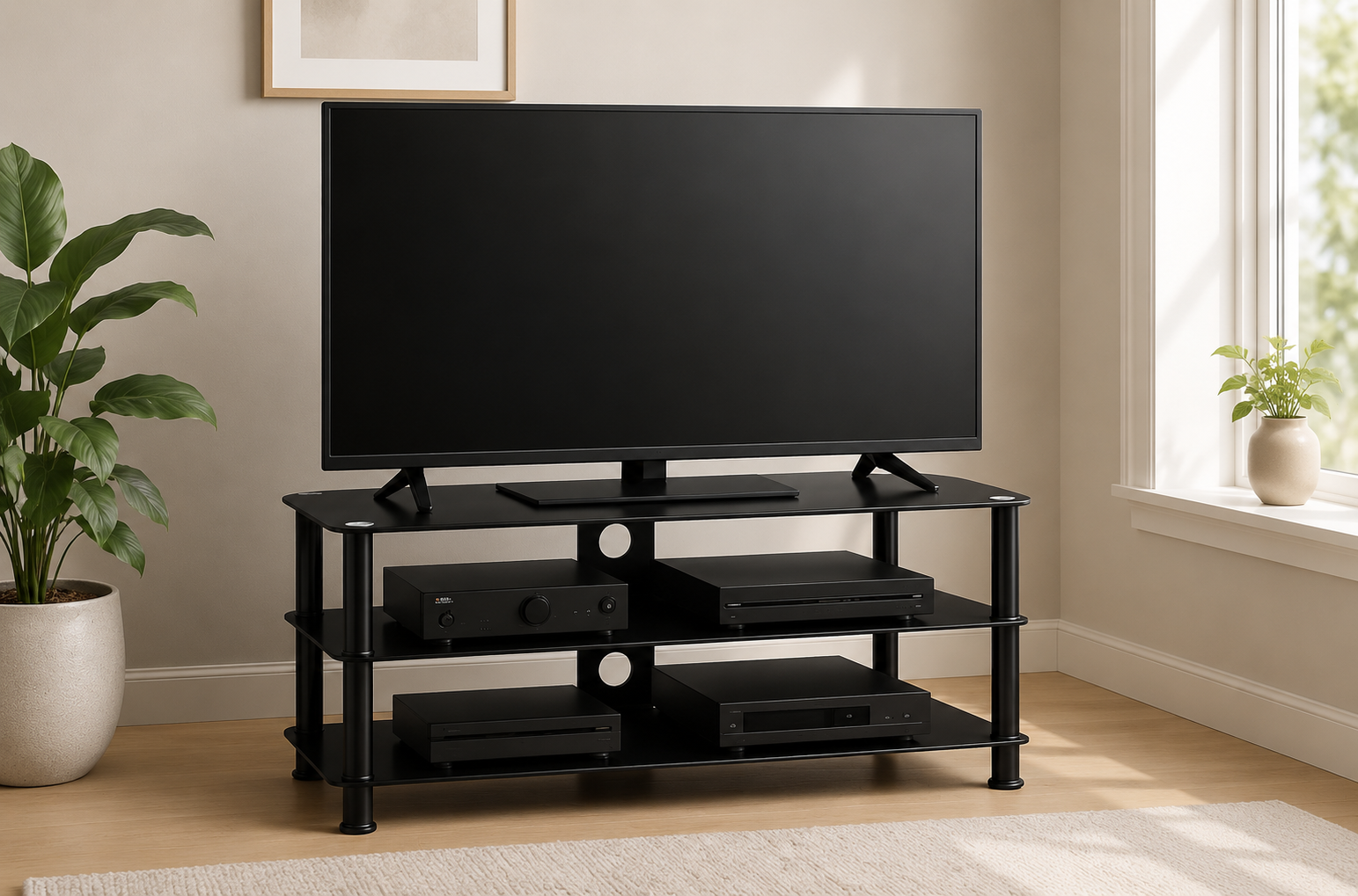 Black glass TV stand with open media shelves and metal frame in a modern living room setting.