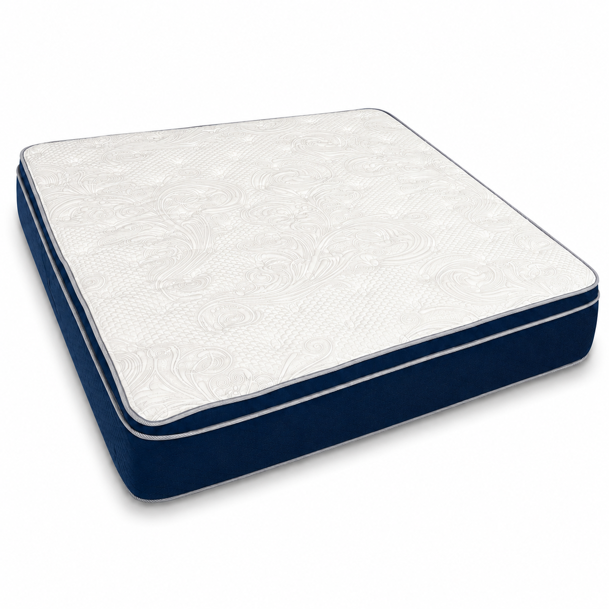 Blue and white quilted mattress with elegant patterned top, navy fabric sides, and clean studio product background.
