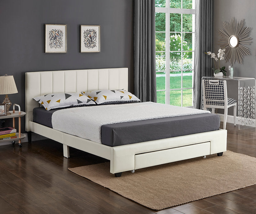 Clearance - White PU Bed with Padded Headboard and Storage Drawer (Double Only)