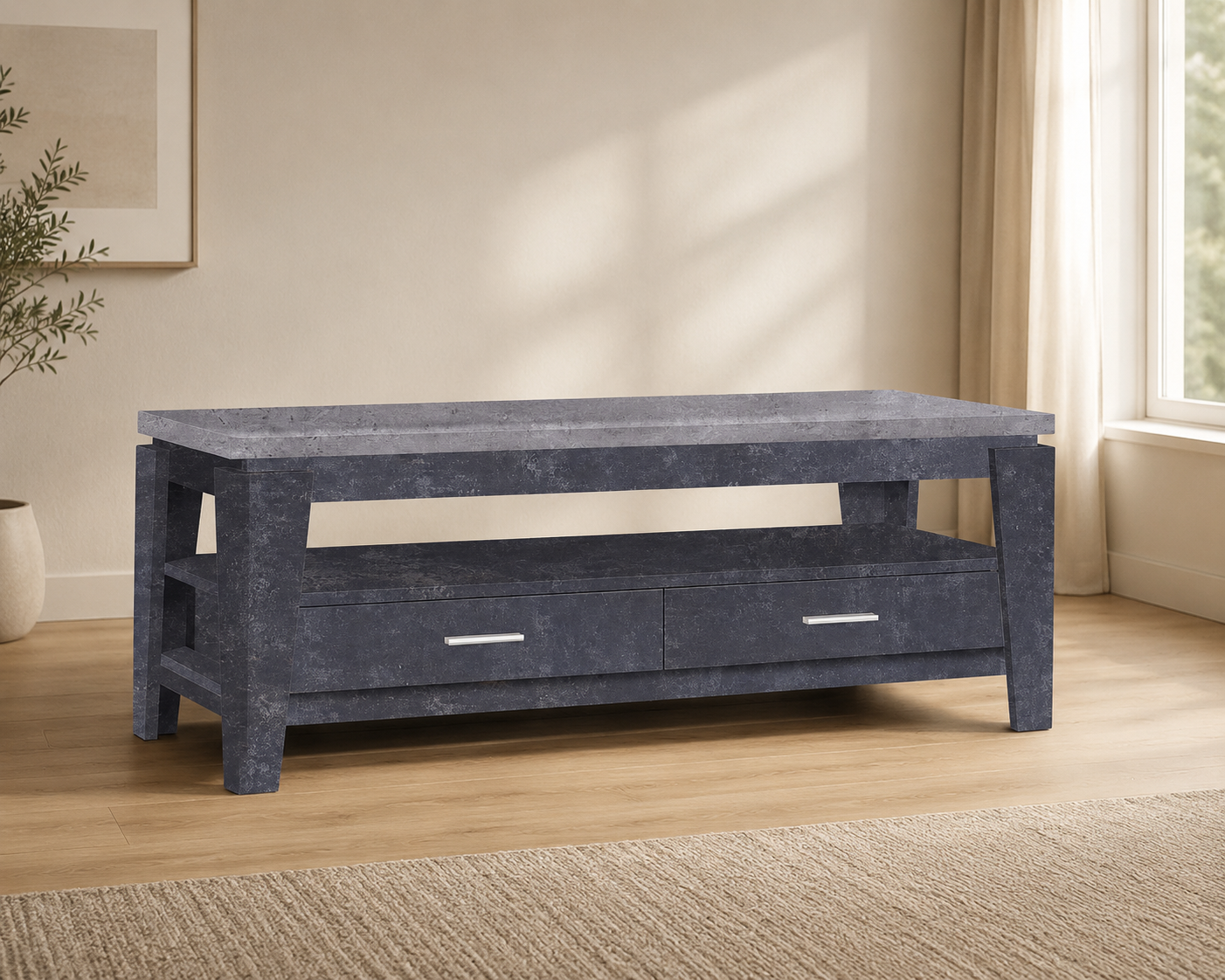 Charcoal grey TV stand with an open shelf, two lower drawers, and silver bar handles.