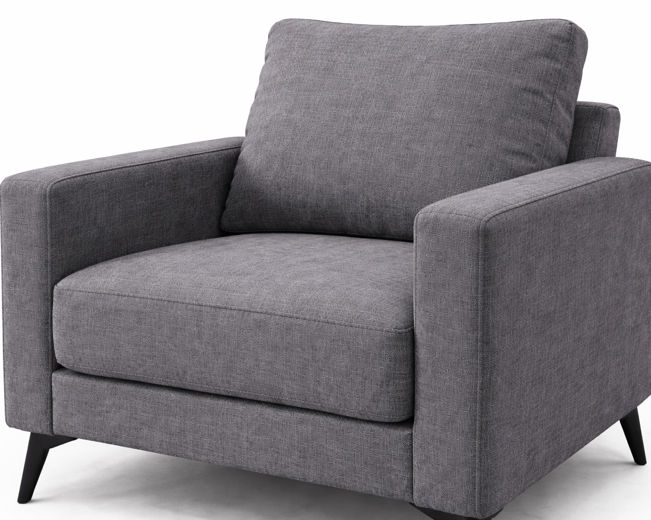 Close-up angled view of charcoal linen fabric sofa showing woven texture and stitching detail