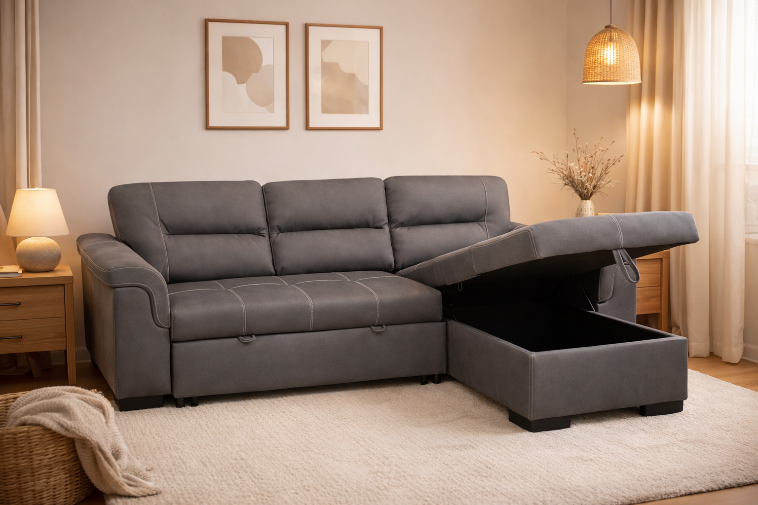 Corbin Sectional Sofa Grey - Pull-Out Bed View