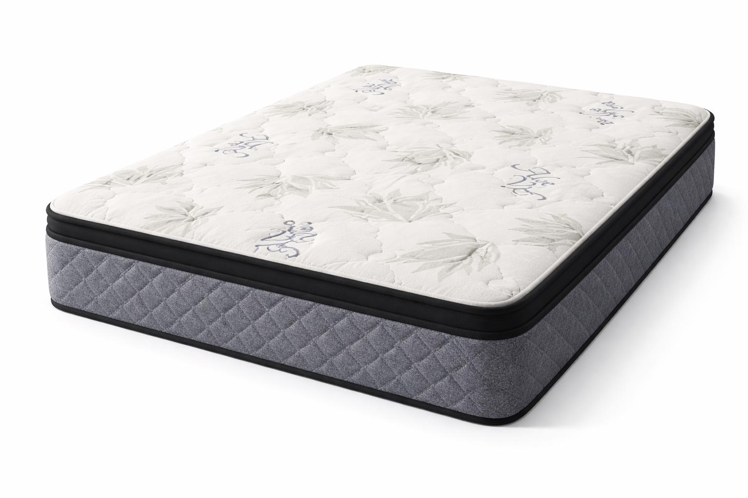 Elite Gel Foam Pillow Top queen mattress 3/4 view with aloe vera quilted top and dark side panel