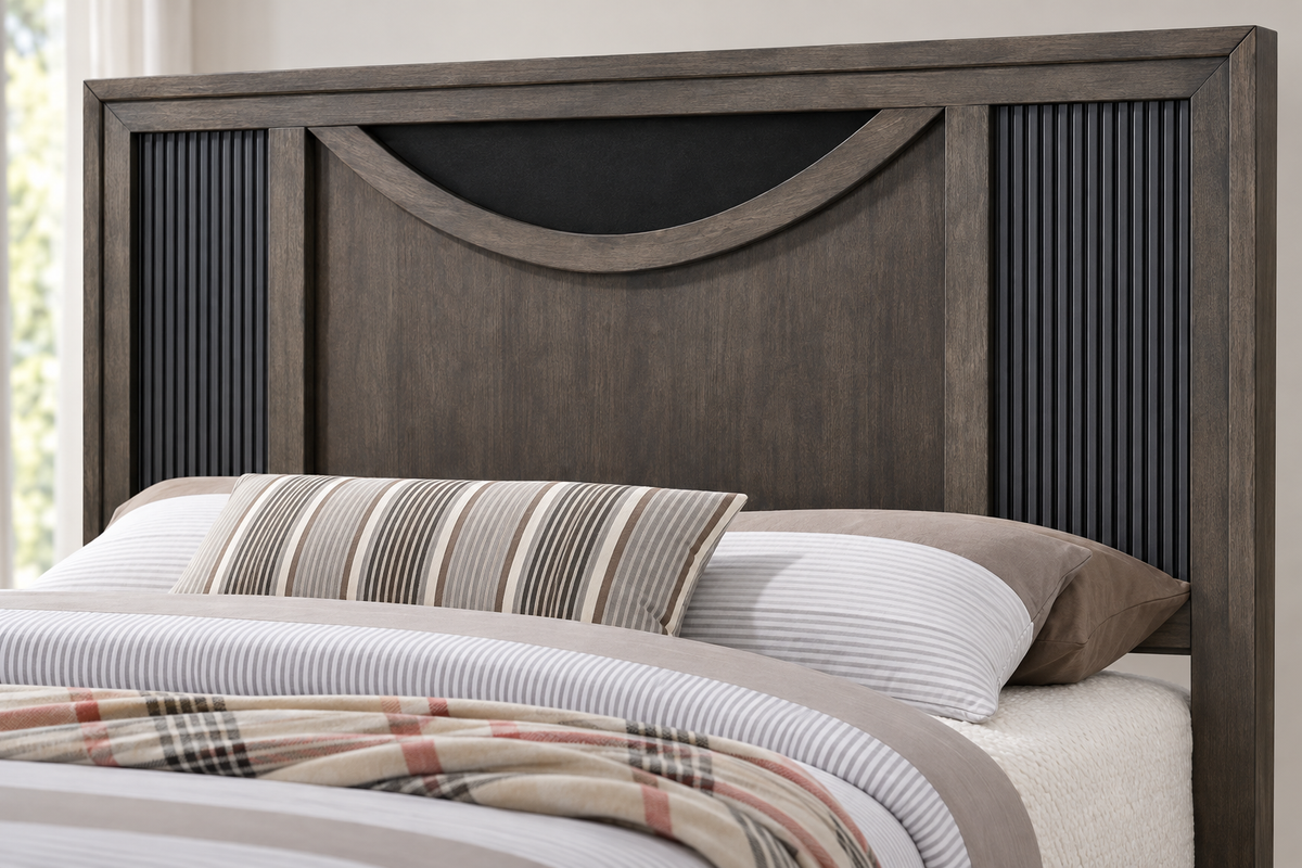 Ernest warm grey bed frame, staged with bedding; mattress and bedding not included