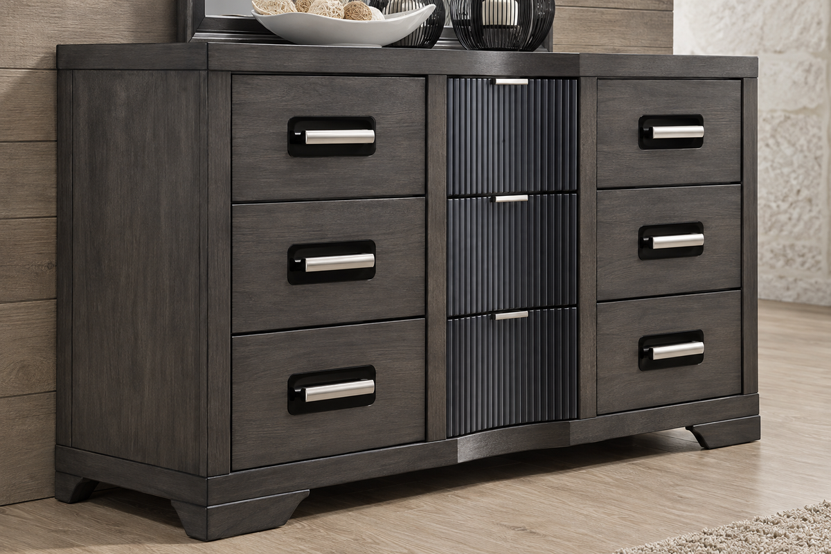 Ernest warm grey dresser detail showing drawer fronts and handles