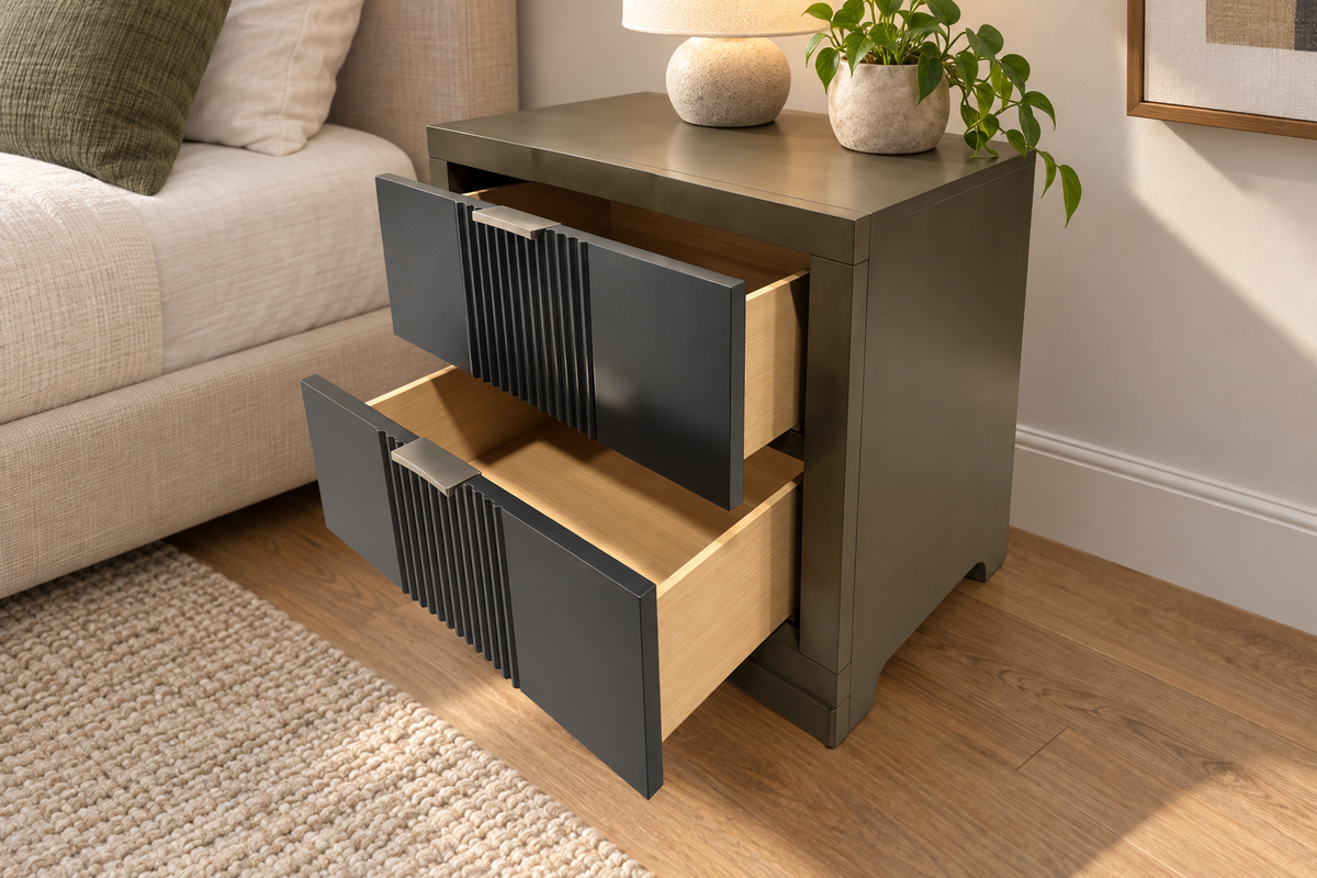 Ernest warm grey nightstand with two open drawers beside a bed