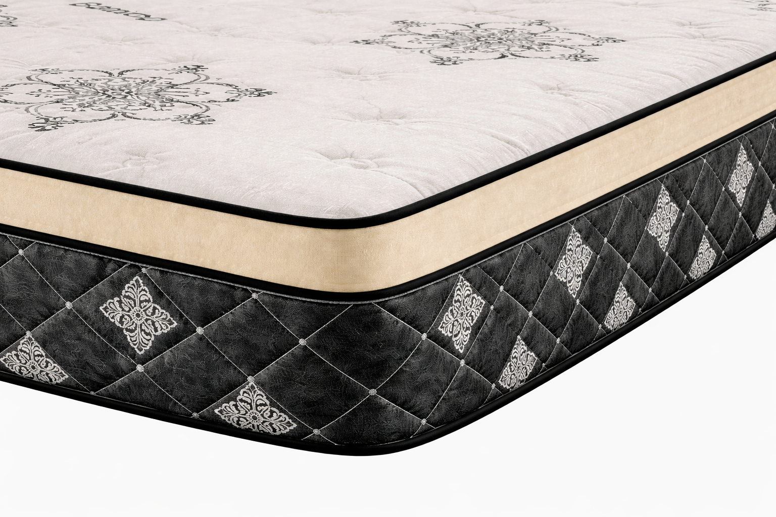 Finesse mattress corner close up showing stitching euro top edge and side fabric pattern