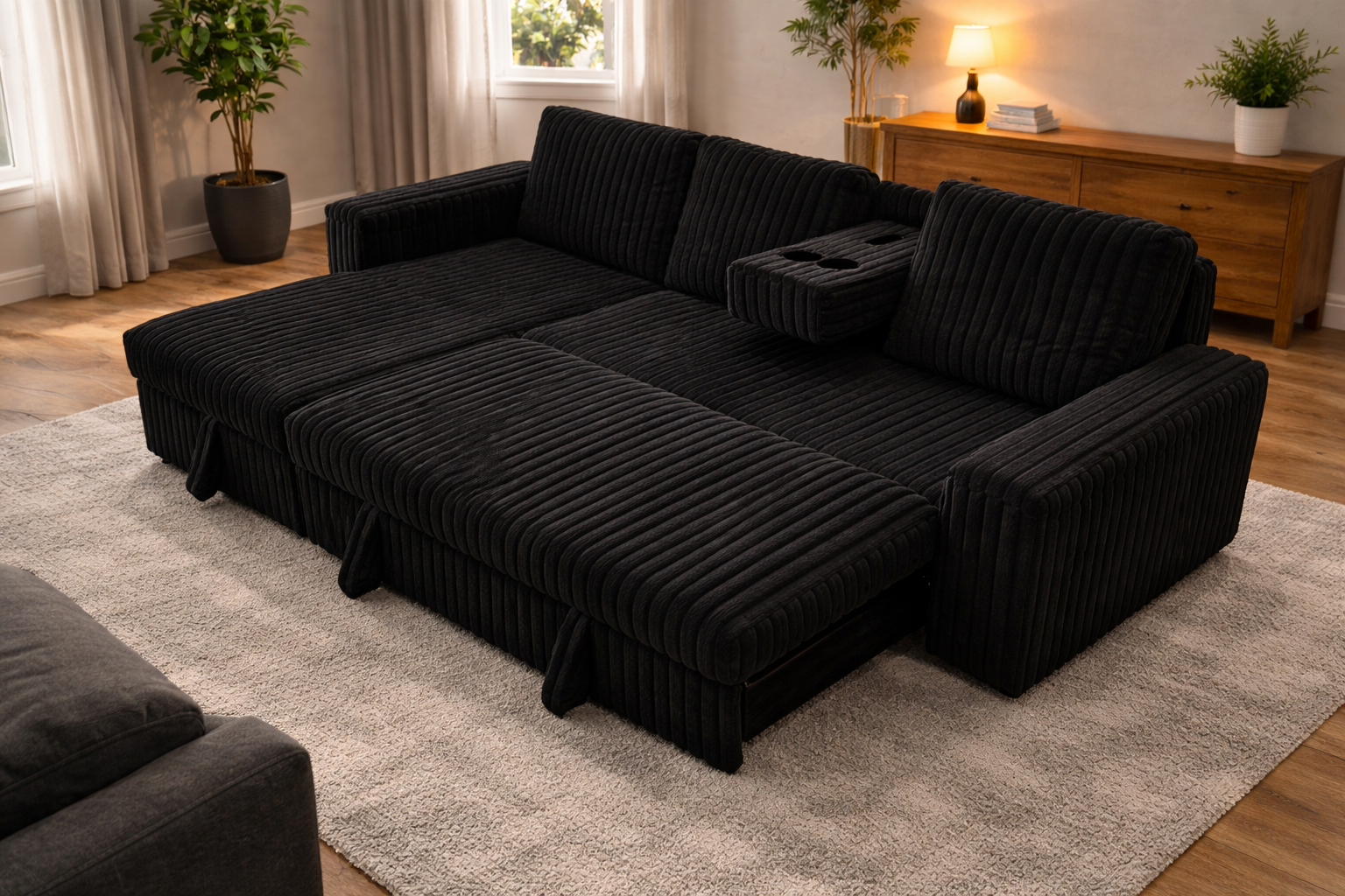 Floger Sofa Bed - Black Corduroy - Open Bed View