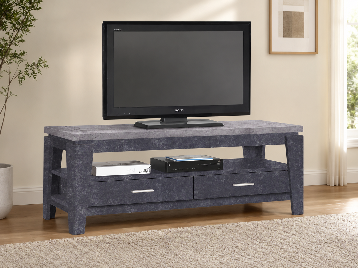 Gray stone-look TV stand with open media shelf, two drawers, and silver handles.