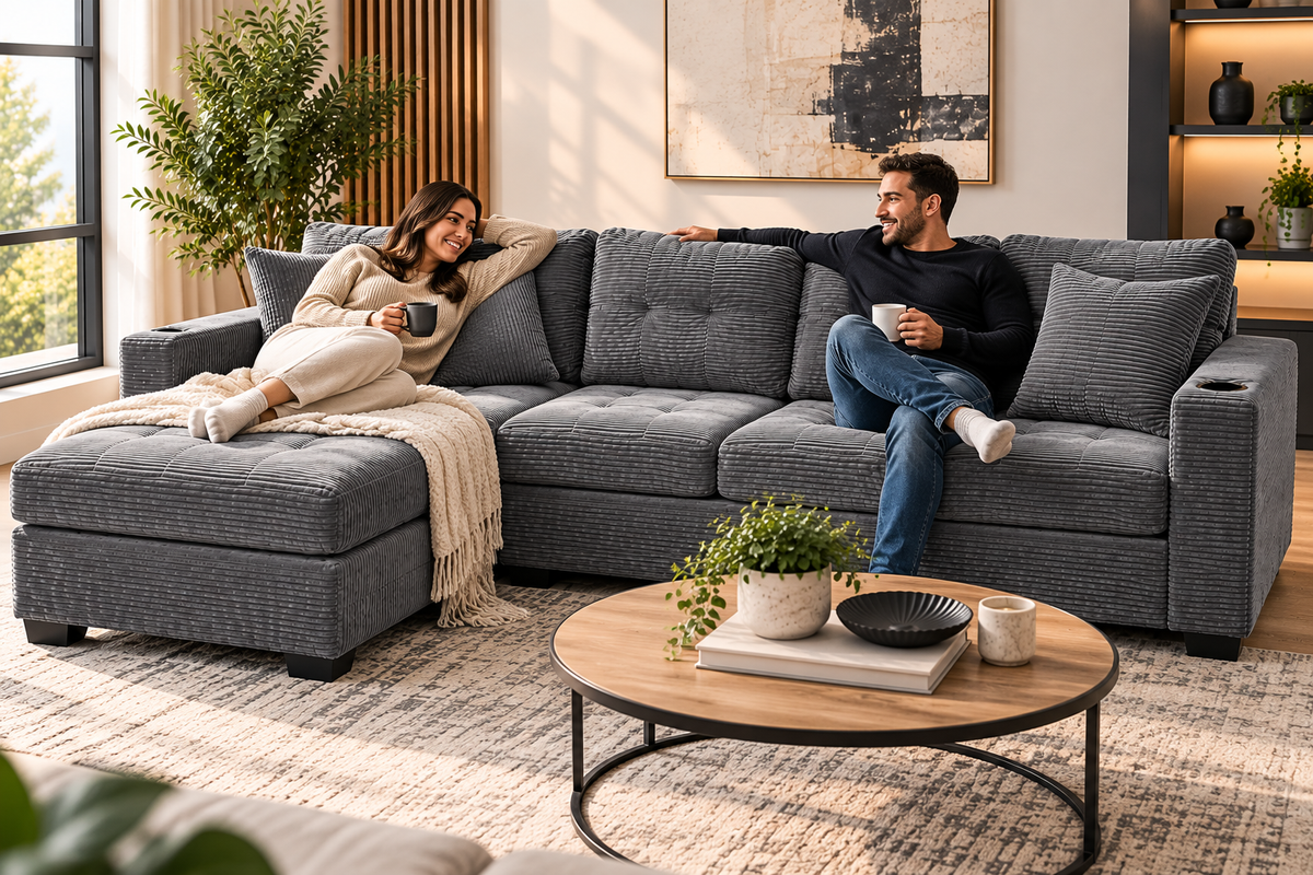Couple sitting on light grey sectional sofa with corduroy texture, coffee table and plant in foreground