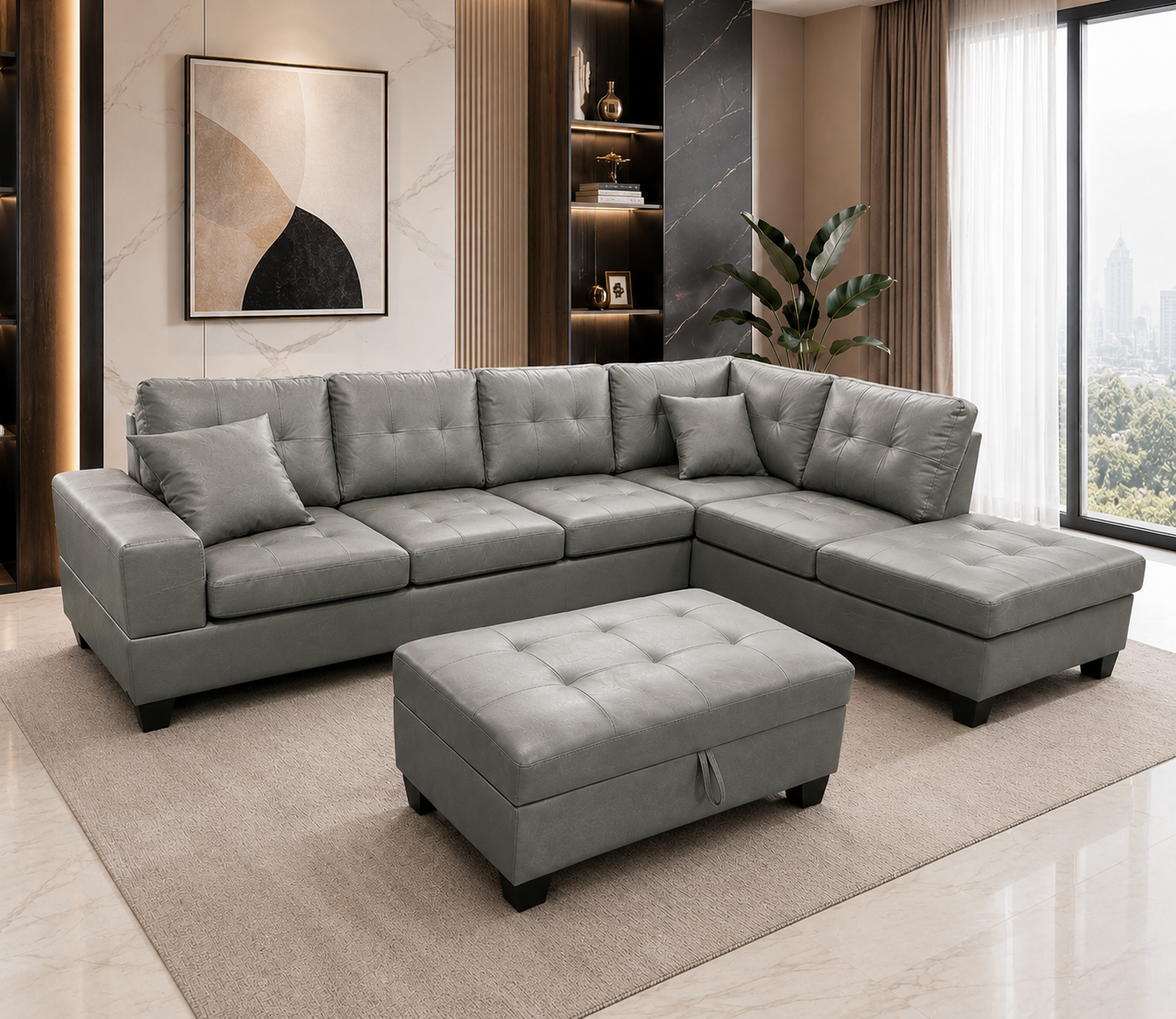 Grey tufted sectional sofa with right chaise and matching ottoman in a modern living room setting.