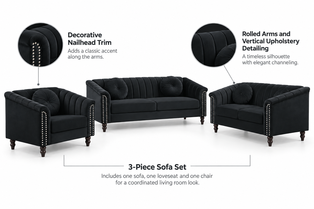 John black 3-piece sofa set feature guide highlighting rolled arms, decorative nailhead trim and vertical upholstery detailing.