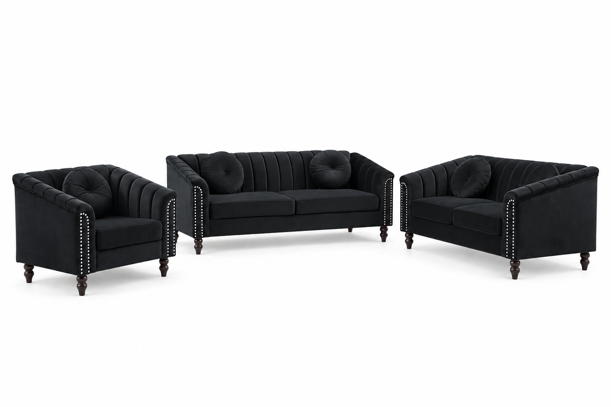 John black 3-piece sofa set with matching sofa, loveseat and armchair on a white background.