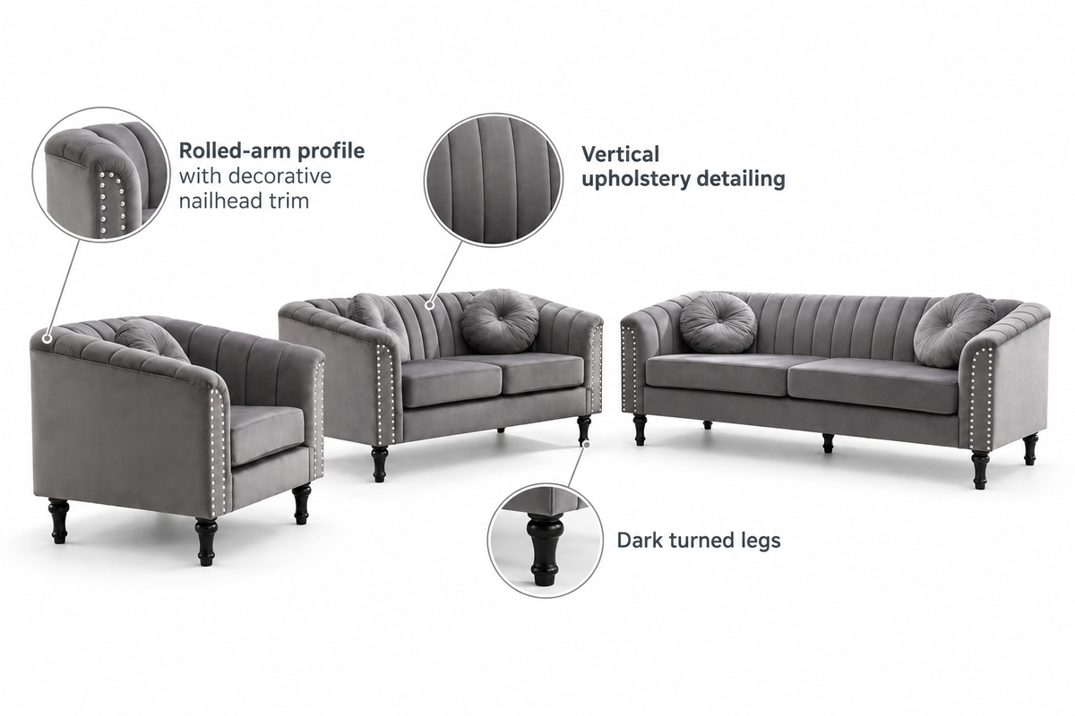 John grey 3-piece sofa set feature guide highlighting rolled arms, decorative nailhead trim and vertical upholstery detailing.